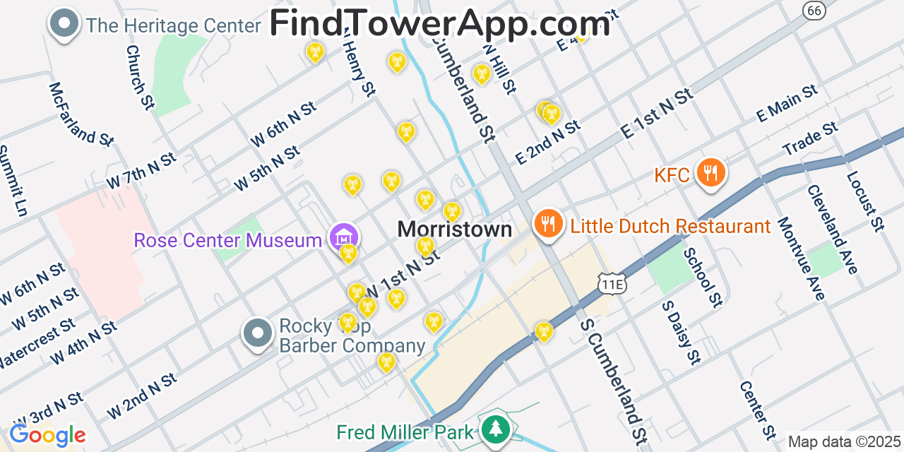 Map showing the 20 primary cell tower locations detected in Morristown, Tennessee from AT&T, Verizon, and T-Mobile networks