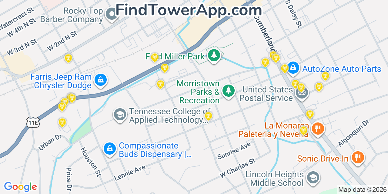 Map showing the 20 primary cell tower locations detected in Morristown, Tennessee from AT&T, Verizon, and T-Mobile networks