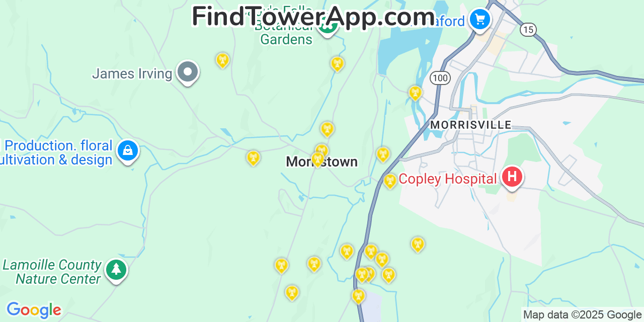 Map showing the 20 primary cell tower locations detected in Morristown, Vermont from AT&T, Verizon, and T-Mobile networks