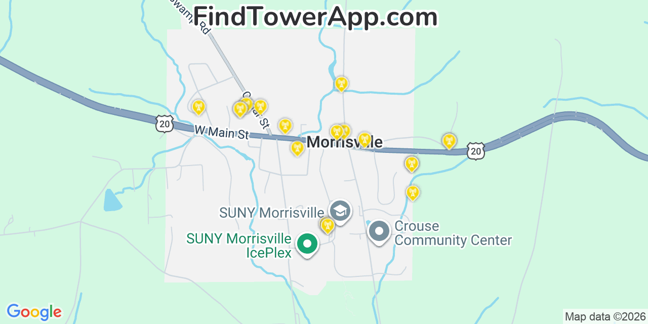 Map showing the 20 primary cell tower locations detected in Morrisville, New York from AT&T, Verizon, and T-Mobile networks