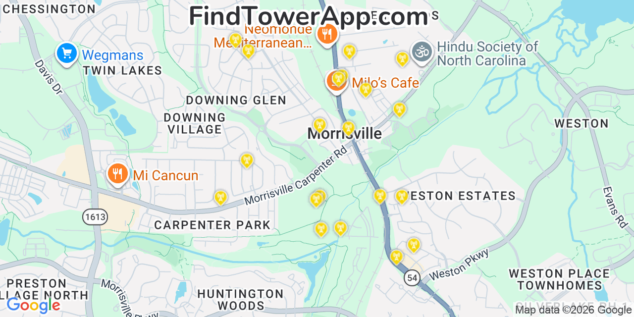 Map showing the 20 primary cell tower locations detected in Morrisville, North Carolina from AT&T, Verizon, and T-Mobile networks