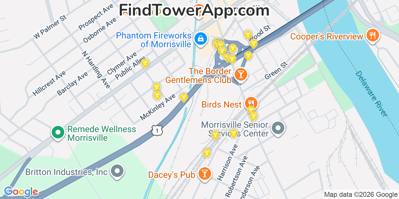 Map showing the 20 primary cell tower locations detected in Morrisville, Pennsylvania from AT&T, Verizon, and T-Mobile networks