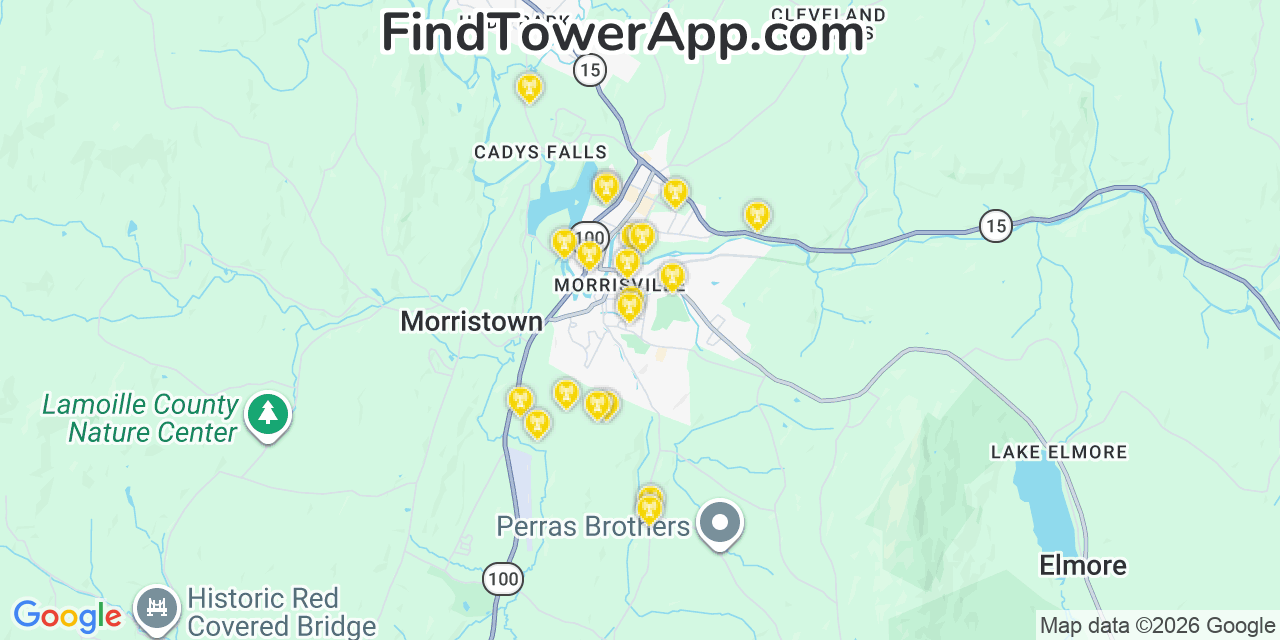 Map showing the 20 primary cell tower locations detected in Morrisville, Vermont from AT&T, Verizon, and T-Mobile networks