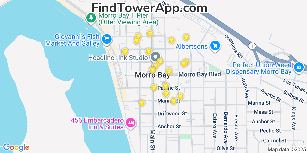 Map showing the 20 primary cell tower locations detected in Morro Bay, California from AT&T, Verizon, and T-Mobile networks