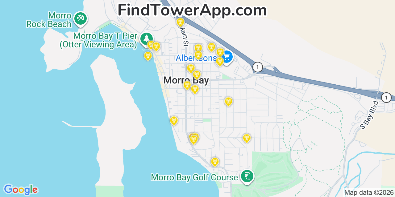 Map showing the 20 primary cell tower locations detected in Morro Bay, California from AT&T, Verizon, and T-Mobile networks