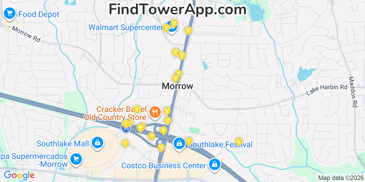 Map showing the 20 primary cell tower locations detected in Morrow, Georgia from AT&T, Verizon, and T-Mobile networks