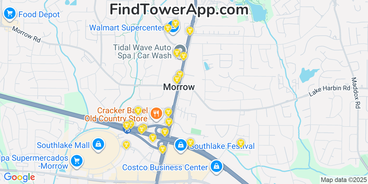 Map showing the 20 primary Mobitel cell tower locations detected in Morrow, Georgia with coverage radius and signal strength indicators