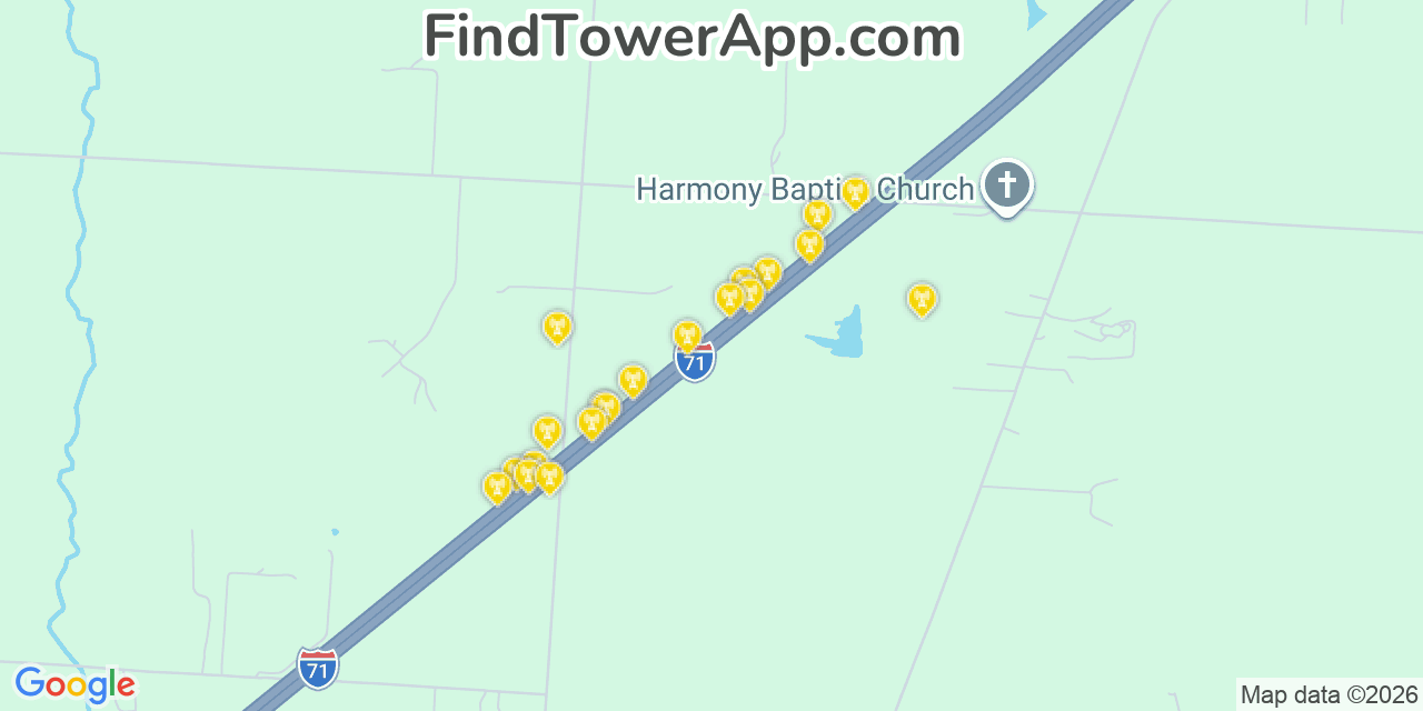 Map showing the 20 primary cell tower locations detected in Morrow, Ohio from AT&T, Verizon, and T-Mobile networks