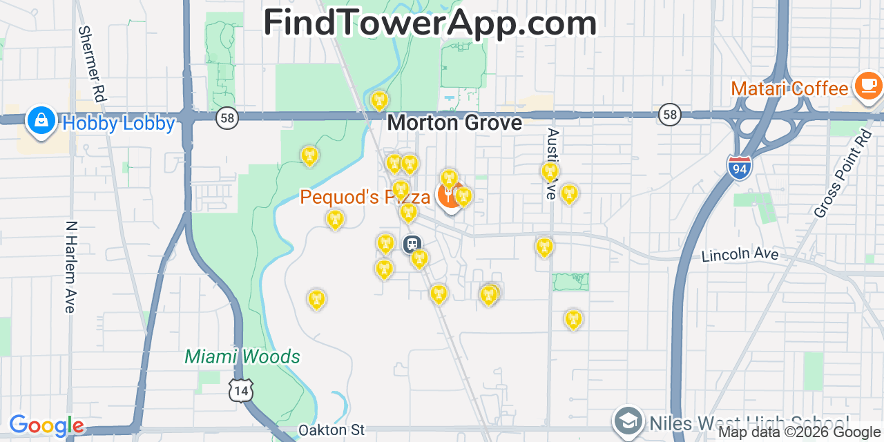 Map showing the 20 primary cell tower locations detected in Morton Grove, Illinois from AT&T, Verizon, and T-Mobile networks