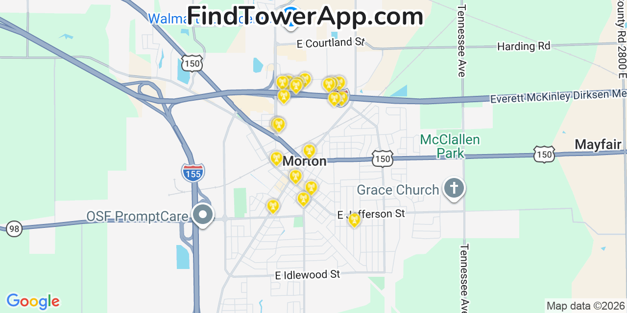 Map showing the 20 primary cell tower locations detected in Morton, Illinois from AT&T, Verizon, and T-Mobile networks