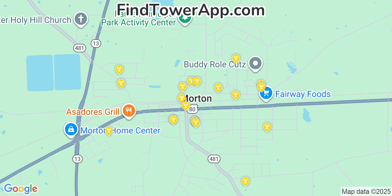 Map showing the 20 primary cell tower locations detected in Morton, Mississippi from AT&T, Verizon, and T-Mobile networks