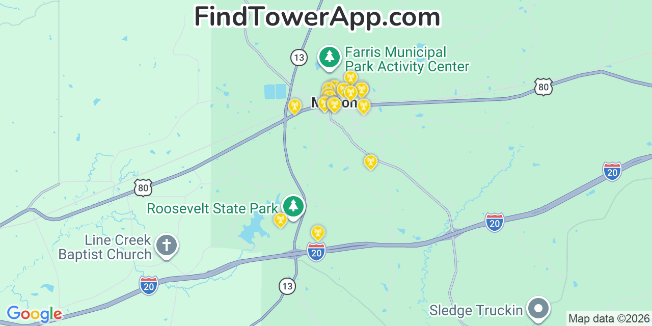 Map showing the 20 primary cell tower locations detected in Morton, Mississippi from AT&T, Verizon, and T-Mobile networks