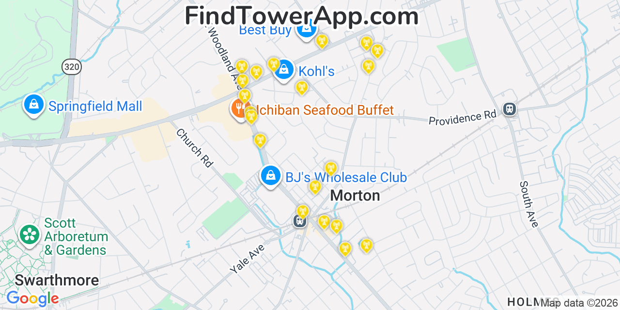 Map showing the 20 primary cell tower locations detected in Morton, Pennsylvania from AT&T, Verizon, and T-Mobile networks
