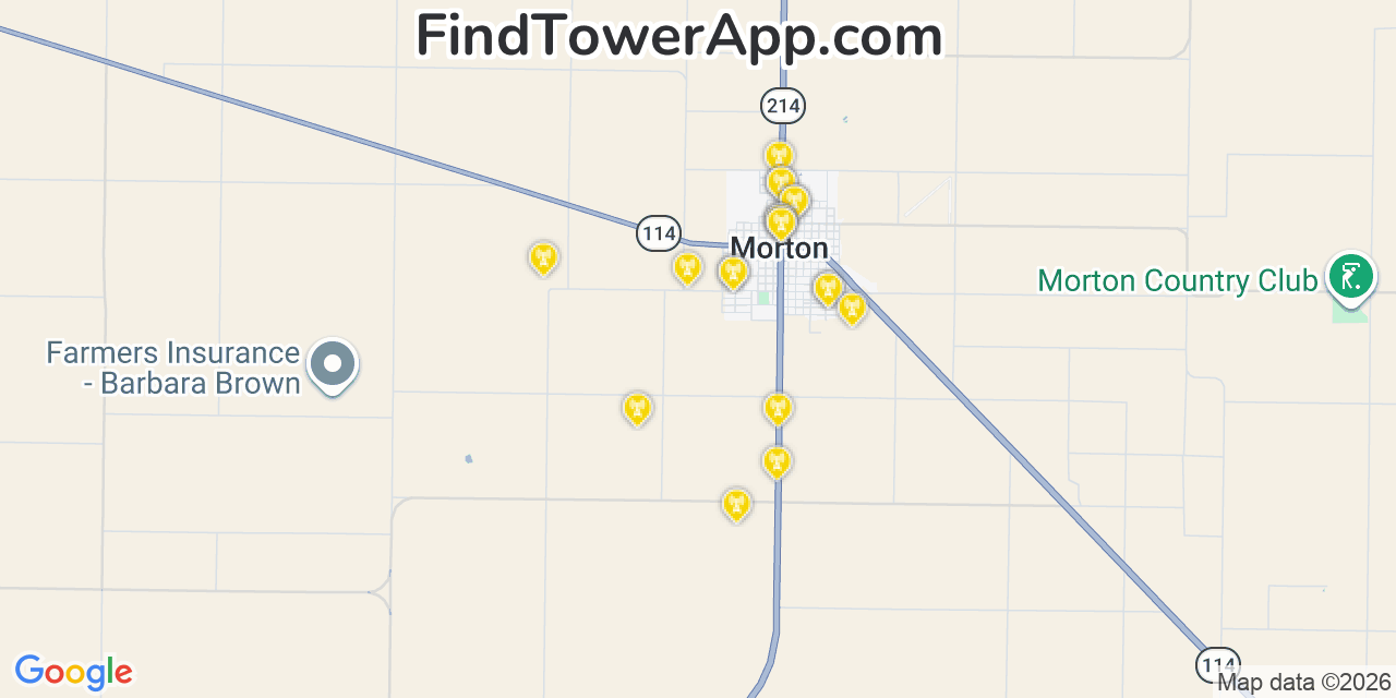 Map showing the 20 primary cell tower locations detected in Morton, Texas from AT&T, Verizon, and T-Mobile networks