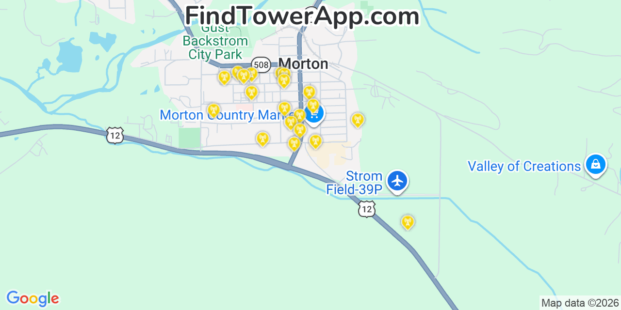 Map showing the 20 primary cell tower locations detected in Morton, Washington from AT&T, Verizon, and T-Mobile networks