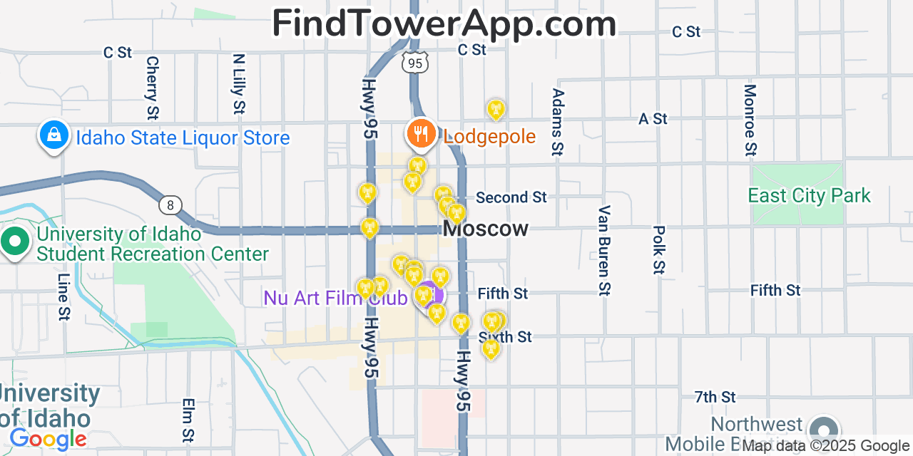 Map showing the 20 primary cell tower locations detected in Moscow, Idaho from AT&T, Verizon, and T-Mobile networks