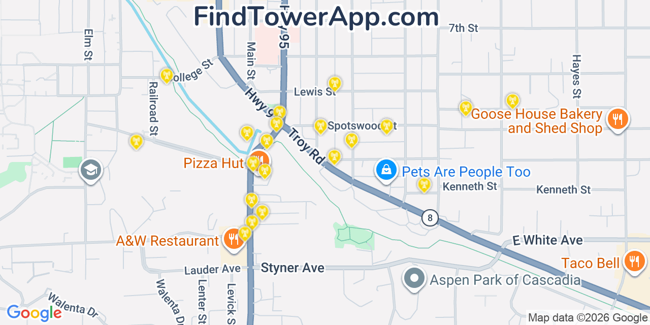 Map showing the 20 primary cell tower locations detected in Moscow, Idaho from AT&T, Verizon, and T-Mobile networks