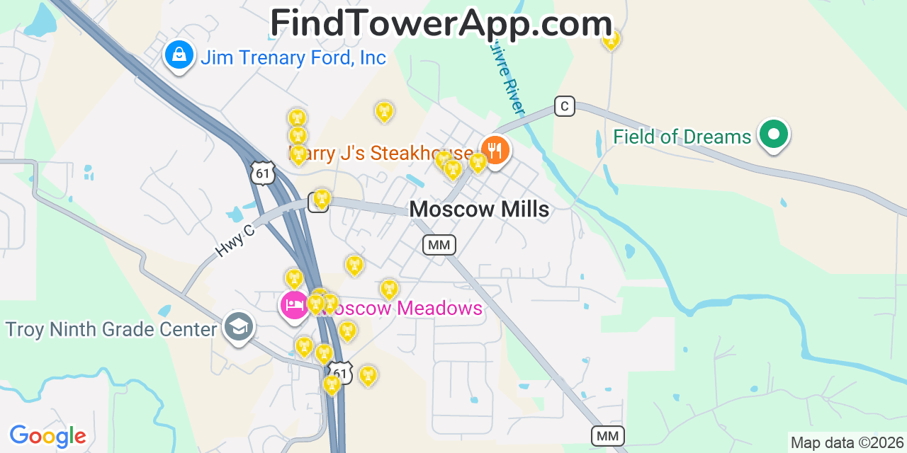Map showing the 20 primary cell tower locations detected in Moscow Mills, Missouri from AT&T, Verizon, and T-Mobile networks