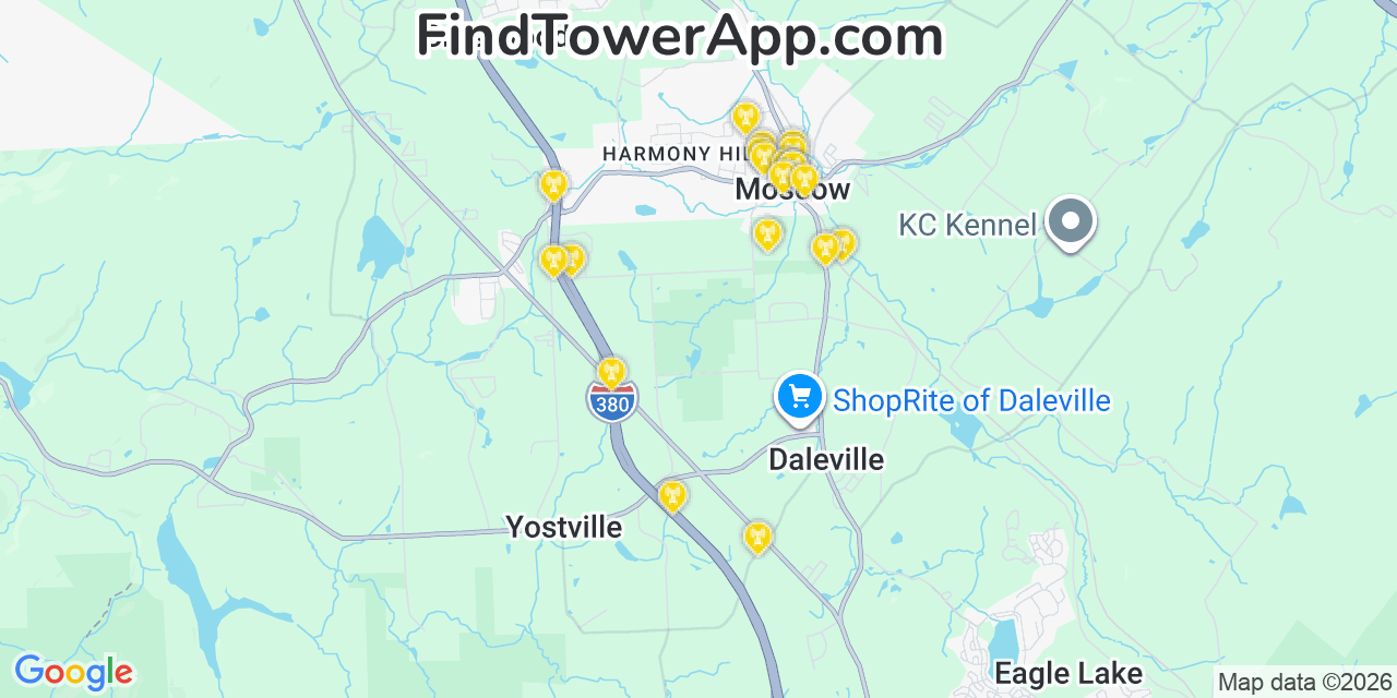 Map showing the 20 primary cell tower locations detected in Moscow, Pennsylvania from AT&T, Verizon, and T-Mobile networks