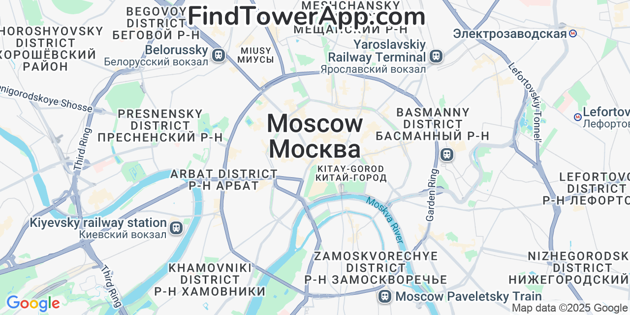 Map showing the 0 primary Beeline cell tower locations detected in Moscow, Russia with coverage radius and signal strength indicators