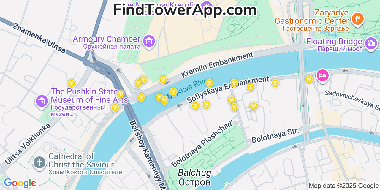 Map showing the 20 primary cell tower locations detected in Moscow, Russia with coverage areas and signal strength
