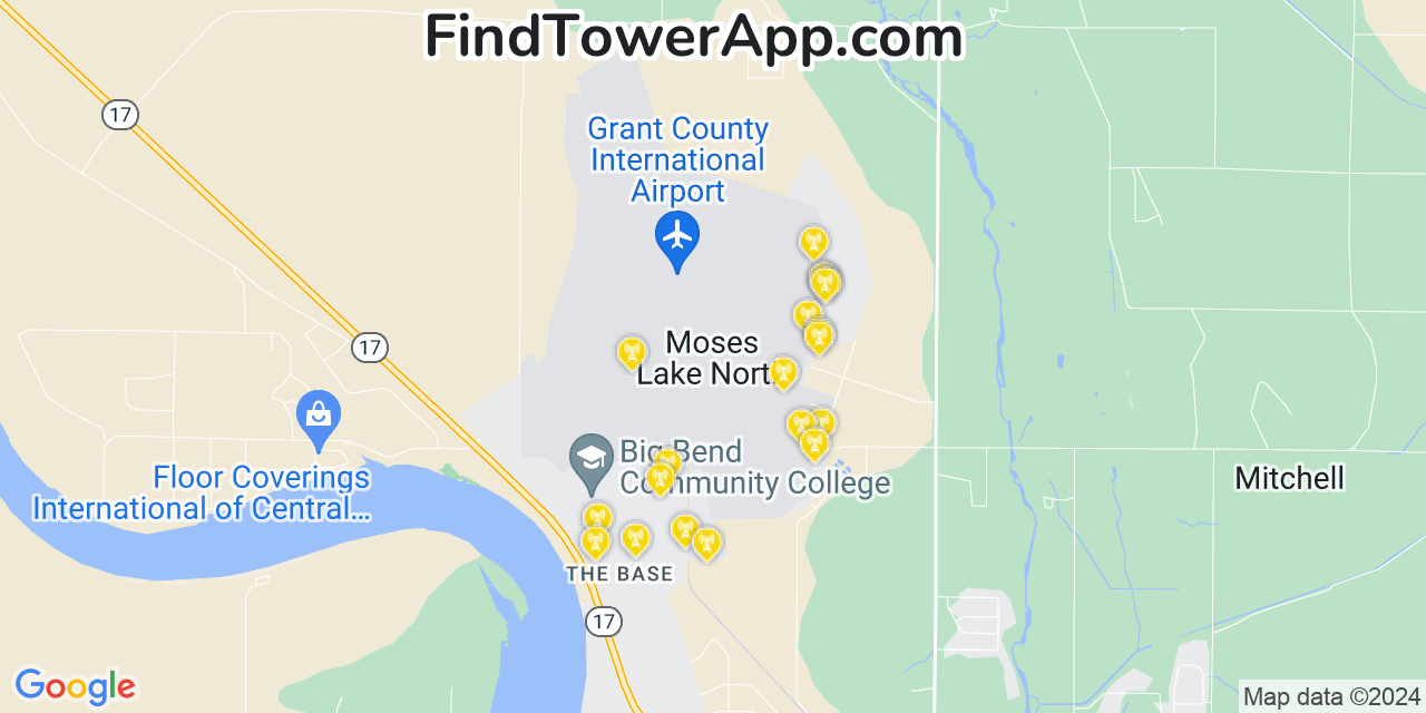 AT&T 4G/5G cell tower coverage map Moses Lake North, Washington