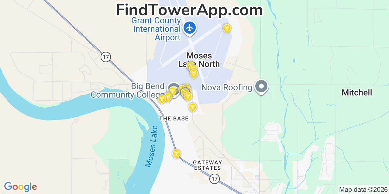 Map showing the 20 primary cell tower locations detected in Moses Lake North, Washington from AT&T, Verizon, and T-Mobile networks