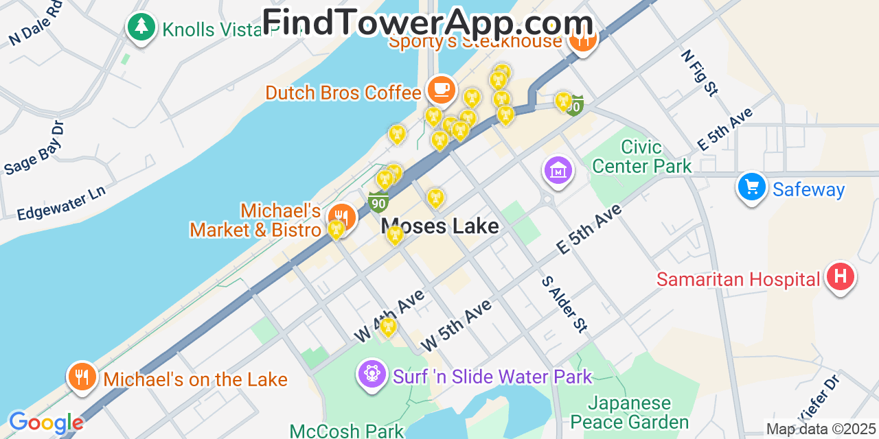 Map showing the 20 primary cell tower locations detected in Moses Lake, Washington from AT&T, Verizon, and T-Mobile networks