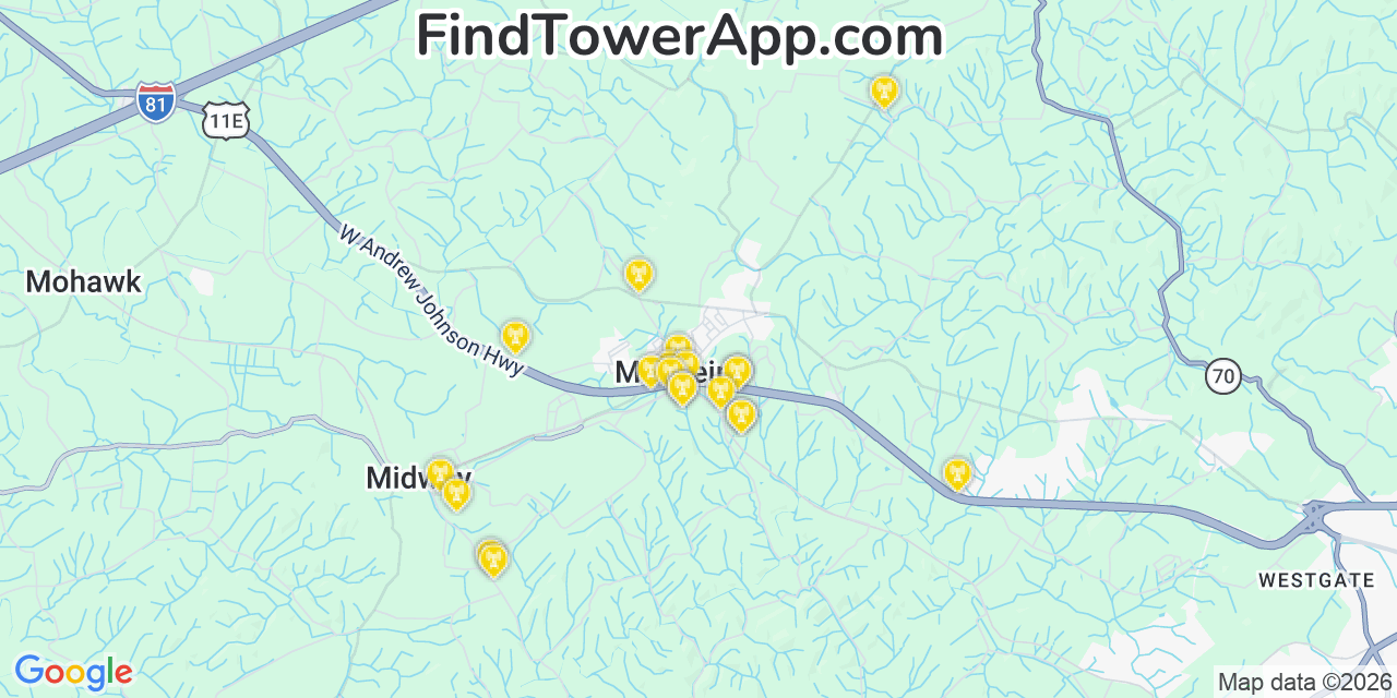 Map showing the 20 primary cell tower locations detected in Mosheim, Tennessee from AT&T, Verizon, and T-Mobile networks