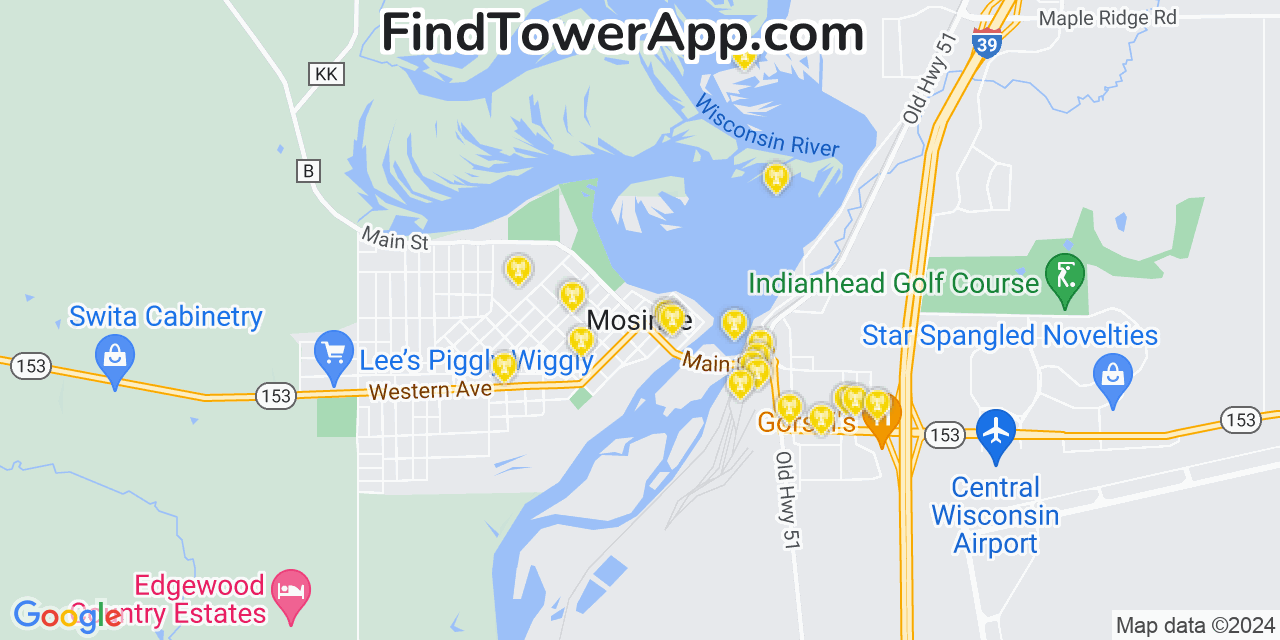 AT&T 4G/5G cell tower coverage map Mosinee, Wisconsin