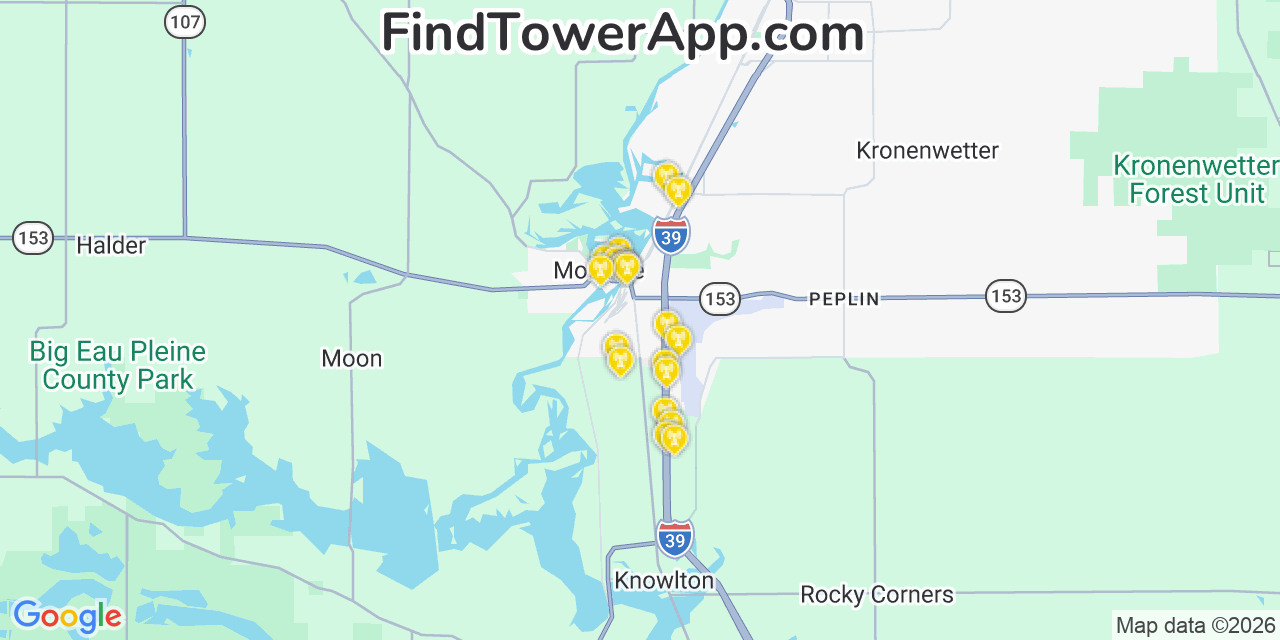 Map showing the 20 primary cell tower locations detected in Mosinee, Wisconsin from AT&T, Verizon, and T-Mobile networks