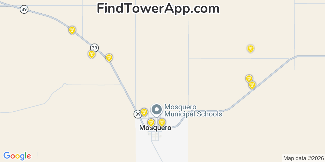 Map showing the 20 primary cell tower locations detected in Mosquero, New Mexico from AT&T, Verizon, and T-Mobile networks