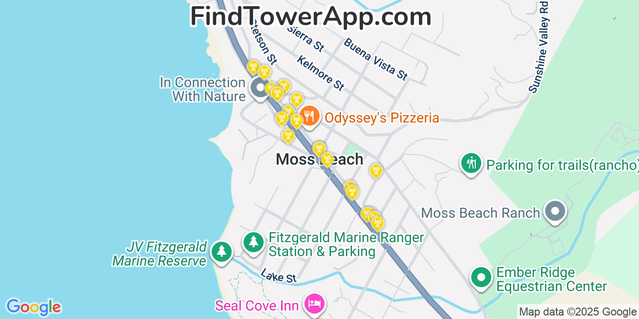 Map showing the 20 primary cell tower locations detected in Moss Beach, California from AT&T, Verizon, and T-Mobile networks
