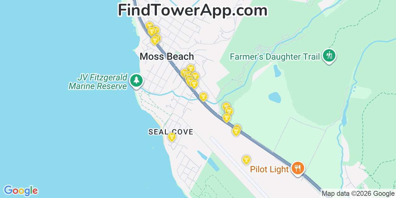 Map showing the 20 primary cell tower locations detected in Moss Beach, California from AT&T, Verizon, and T-Mobile networks