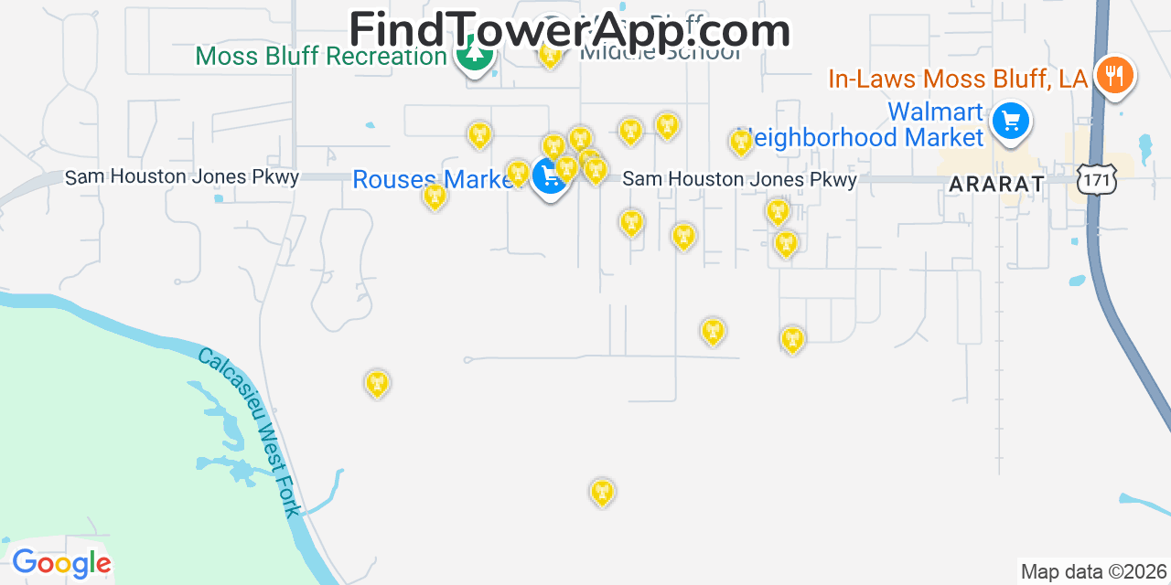 Map showing the 20 primary cell tower locations detected in Moss Bluff, Louisiana from AT&T, Verizon, and T-Mobile networks
