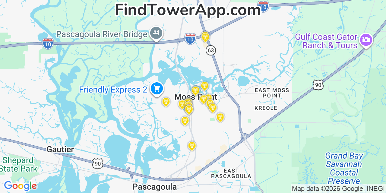 Map showing the 20 primary cell tower locations detected in Moss Point, Mississippi from AT&T, Verizon, and T-Mobile networks