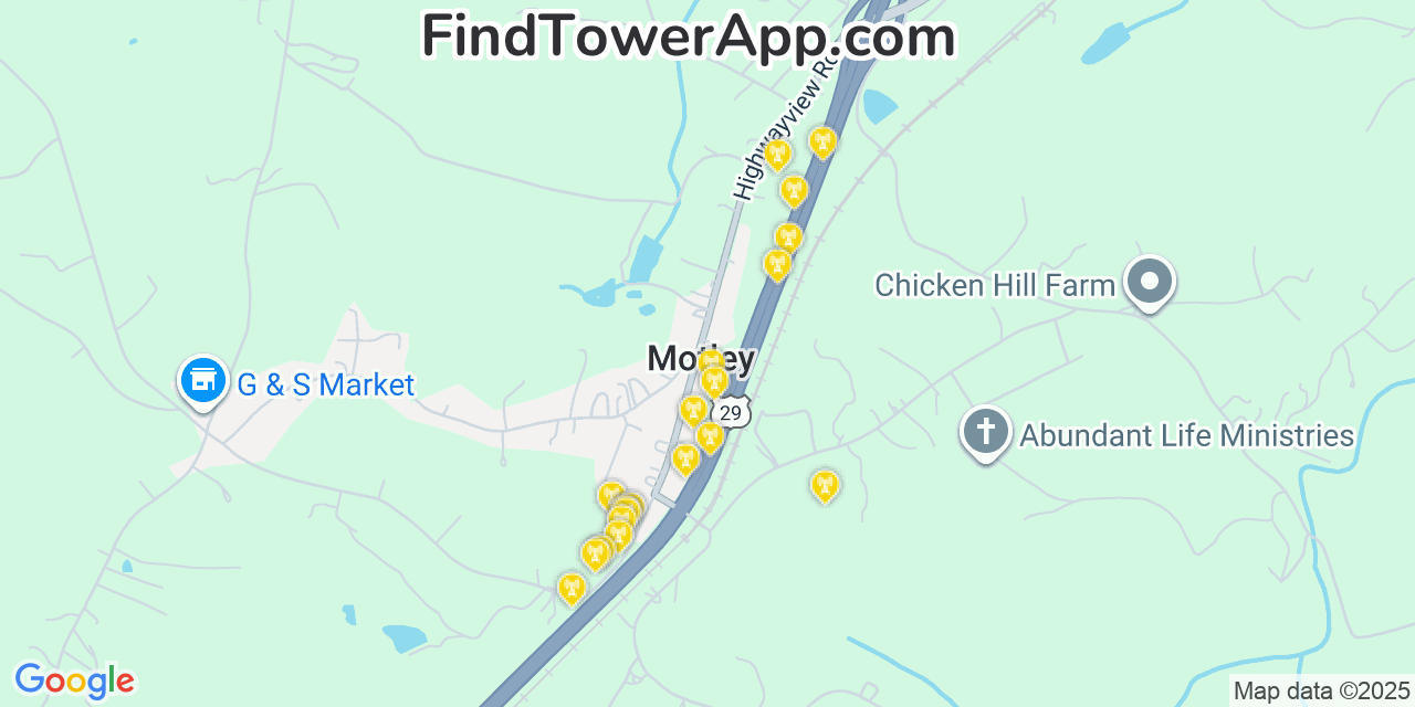 Map showing the 20 primary cell tower locations detected in Motley, Virginia from AT&T, Verizon, and T-Mobile networks