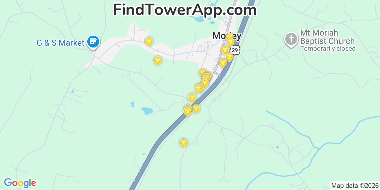 Map showing the 20 primary cell tower locations detected in Motley, Virginia from AT&T, Verizon, and T-Mobile networks