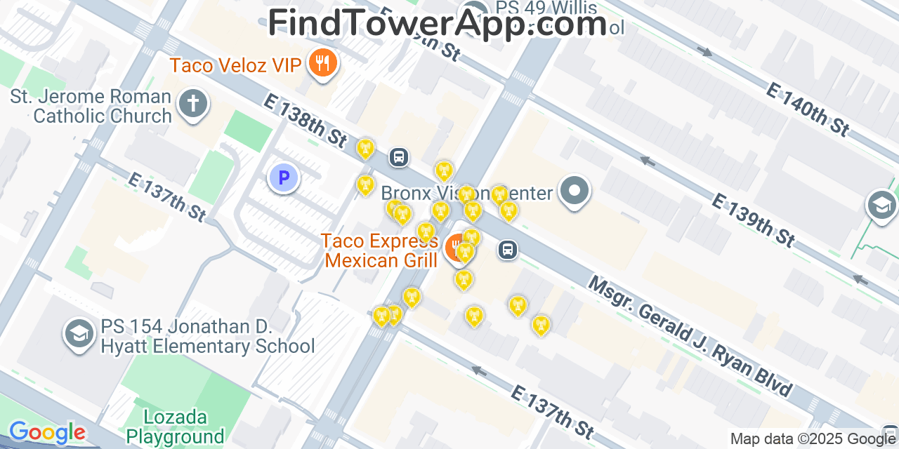 Map showing the 20 primary cell tower locations detected in Mott Haven, New York from AT&T, Verizon, and T-Mobile networks