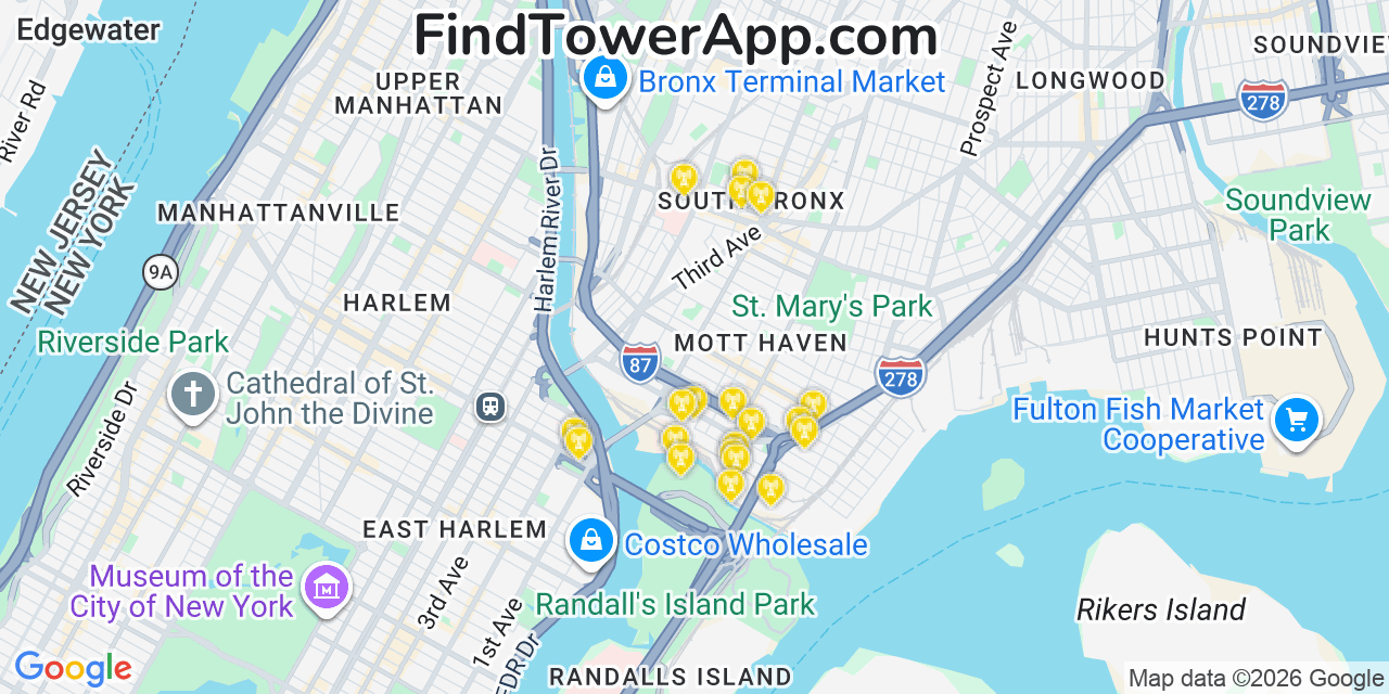 Map showing the 20 primary cell tower locations detected in Mott Haven, New York from AT&T, Verizon, and T-Mobile networks