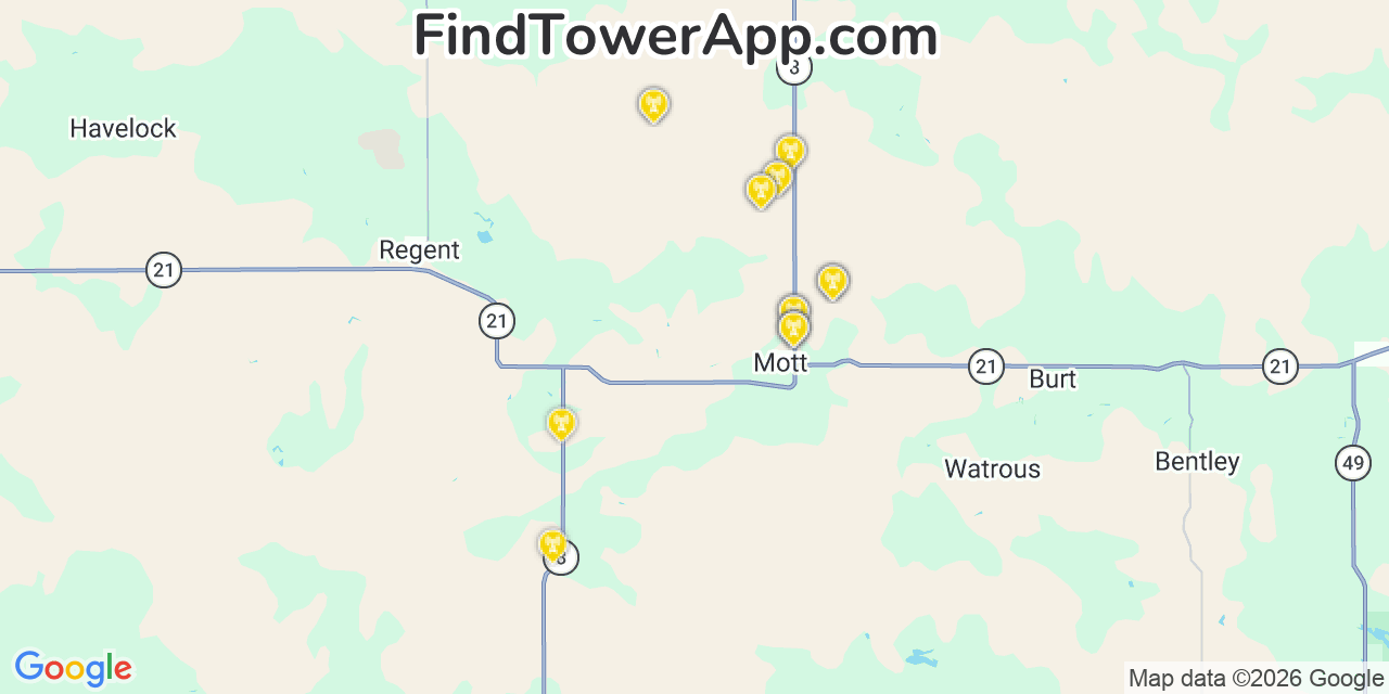 Map showing the 20 primary cell tower locations detected in Mott, North Dakota from AT&T, Verizon, and T-Mobile networks