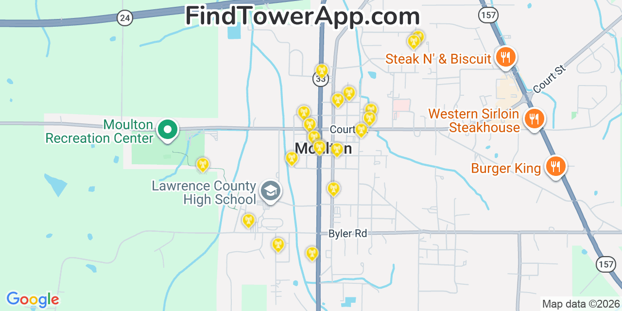 Map showing the 20 primary cell tower locations detected in Moulton, Alabama from AT&T, Verizon, and T-Mobile networks