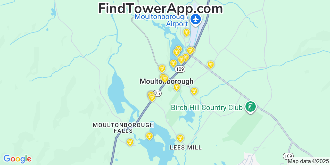 Map showing the 20 primary cell tower locations detected in Moultonborough, New Hampshire from AT&T, Verizon, and T-Mobile networks