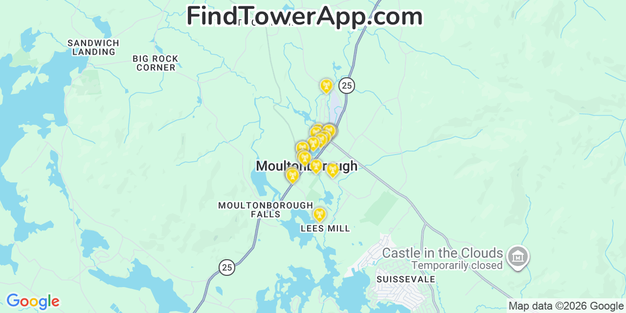 Map showing the 20 primary cell tower locations detected in Moultonborough, New Hampshire from AT&T, Verizon, and T-Mobile networks