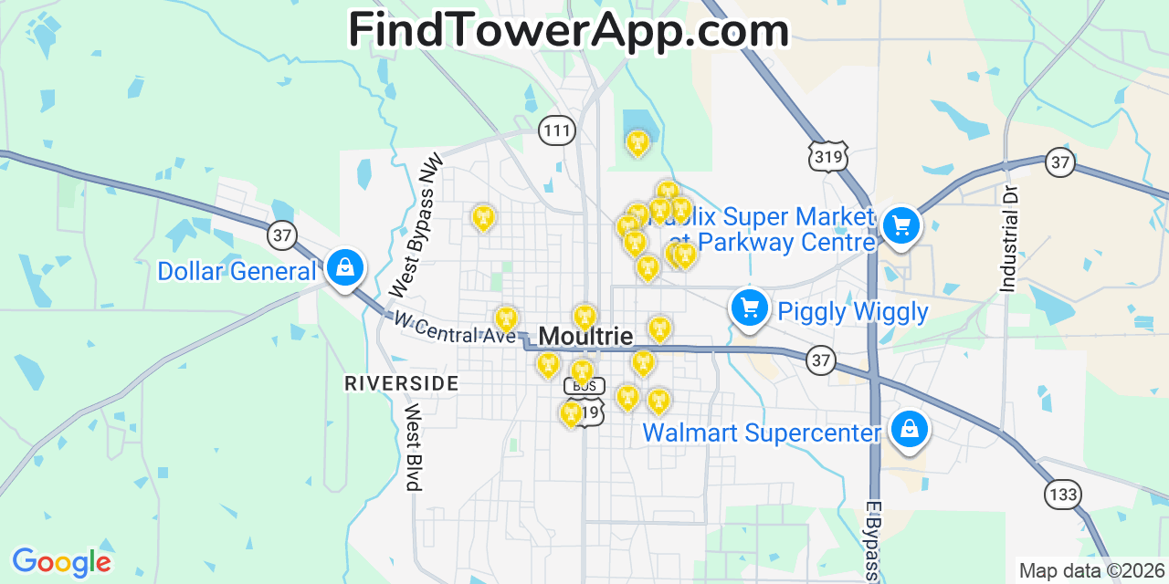 Map showing the 20 primary cell tower locations detected in Moultrie, Georgia from AT&T, Verizon, and T-Mobile networks