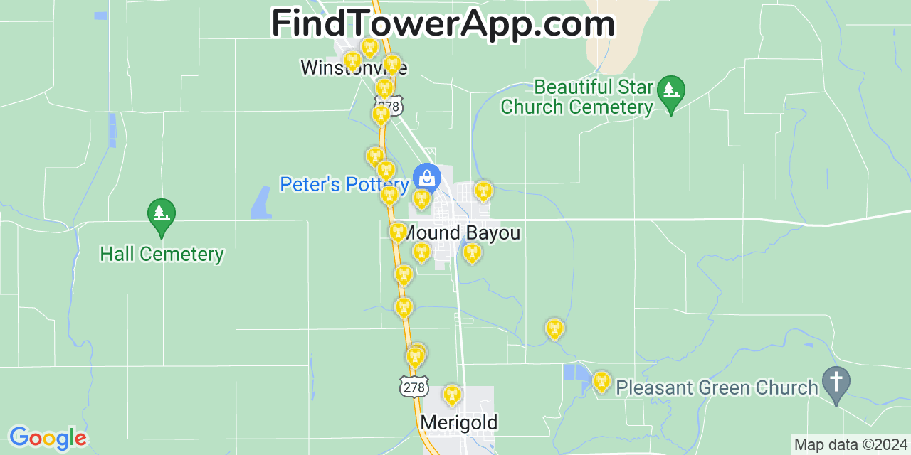 AT&T 4G/5G cell tower coverage map Mound Bayou, Mississippi