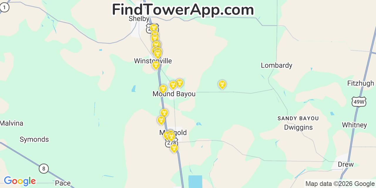 Map showing the 20 primary cell tower locations detected in Mound Bayou, Mississippi from AT&T, Verizon, and T-Mobile networks