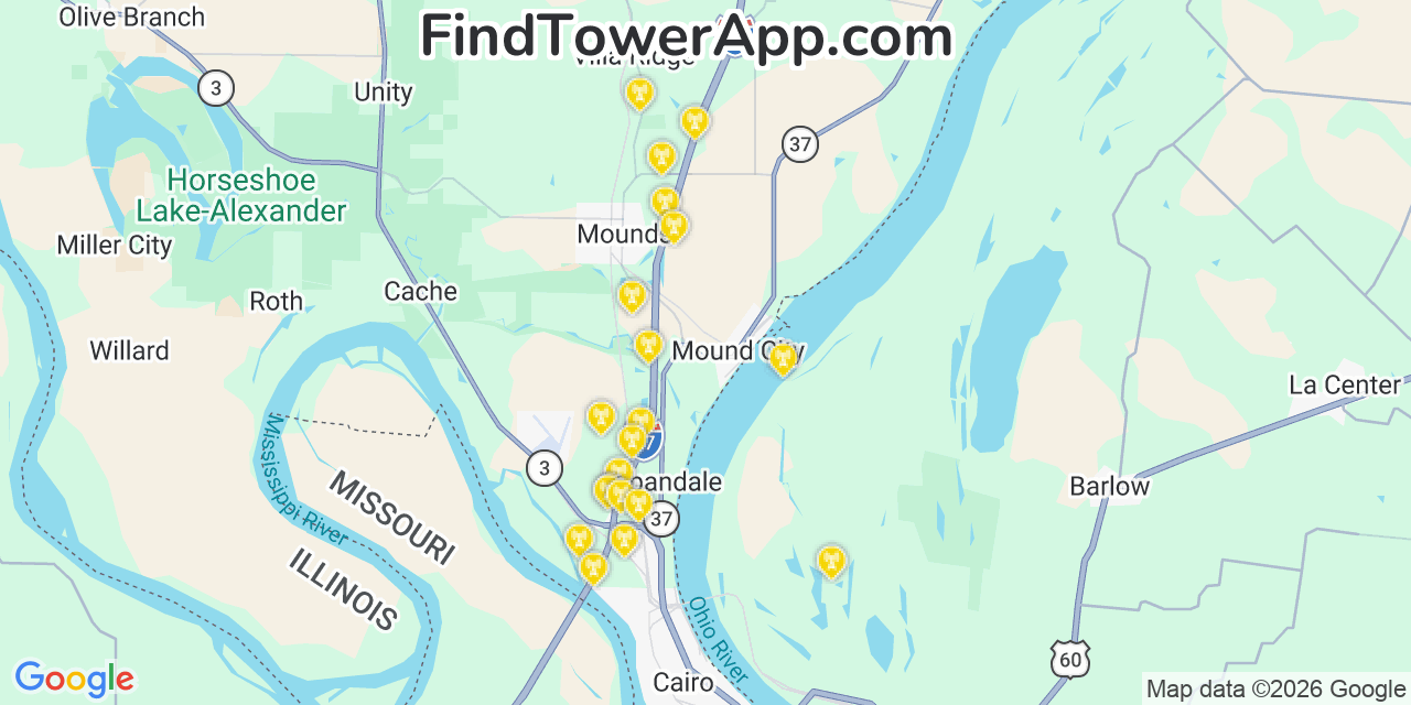 Map showing the 20 primary cell tower locations detected in Mound City, Illinois from AT&T, Verizon, and T-Mobile networks