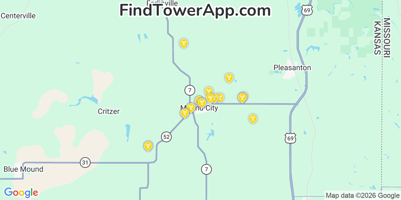 Map showing the 20 primary cell tower locations detected in Mound City, Kansas from AT&T, Verizon, and T-Mobile networks
