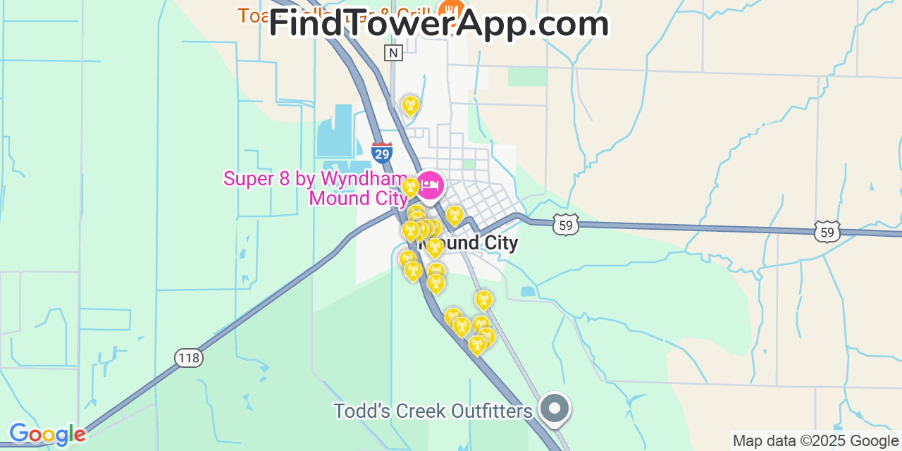Map showing the 20 primary cell tower locations detected in Mound City, Missouri from AT&T, Verizon, and T-Mobile networks
